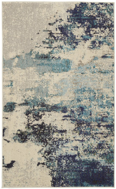 2' X 4' Ivory And Teal Blue Abstract Power Loom Non Skid Area Rug